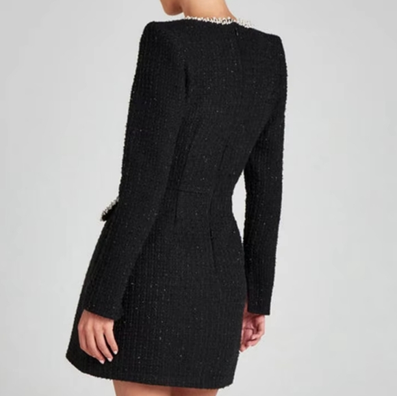 Tweed Long Sleeve Dress Women Fashion Shiny Square Collar Shoulder Pads Dress - Picture 8 of 10